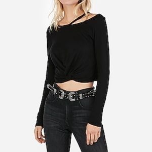 Express Black Slash Neck Cropped Twist Tee